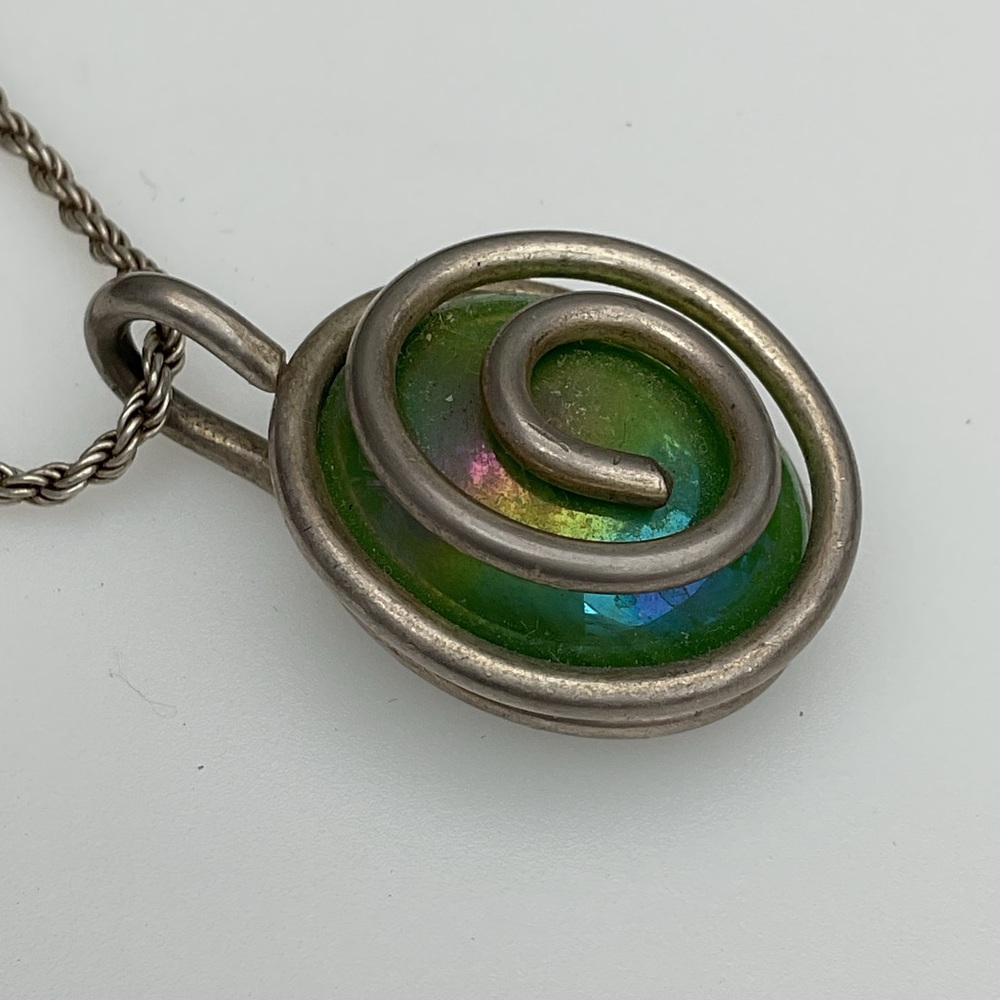 Italian Sterling Silver 925 Green Glass Spiral Pendant Necklace  Made in Italy - Picture 8 of 8